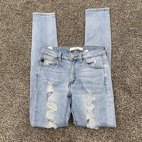 KANCAN 3/25 Low Rise Light Wash Distressed Thrashed Skinny Jeans 90s Y2K Biker - Picture 13 of 16